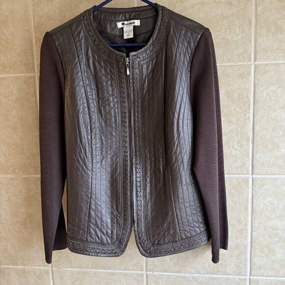 Vtg Nygard Collection Womens Leather & Knit Jacket Brown Textured Zip Med 10/12 - Picture 1 of 10